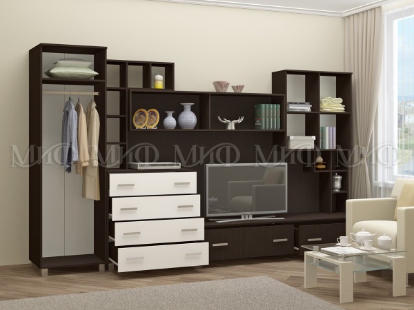 Гостиная Сицилия МДФ (Ш -3200 × В -2070 × Г-570 мм)/Венге + Белый Фотопечать на Выбор